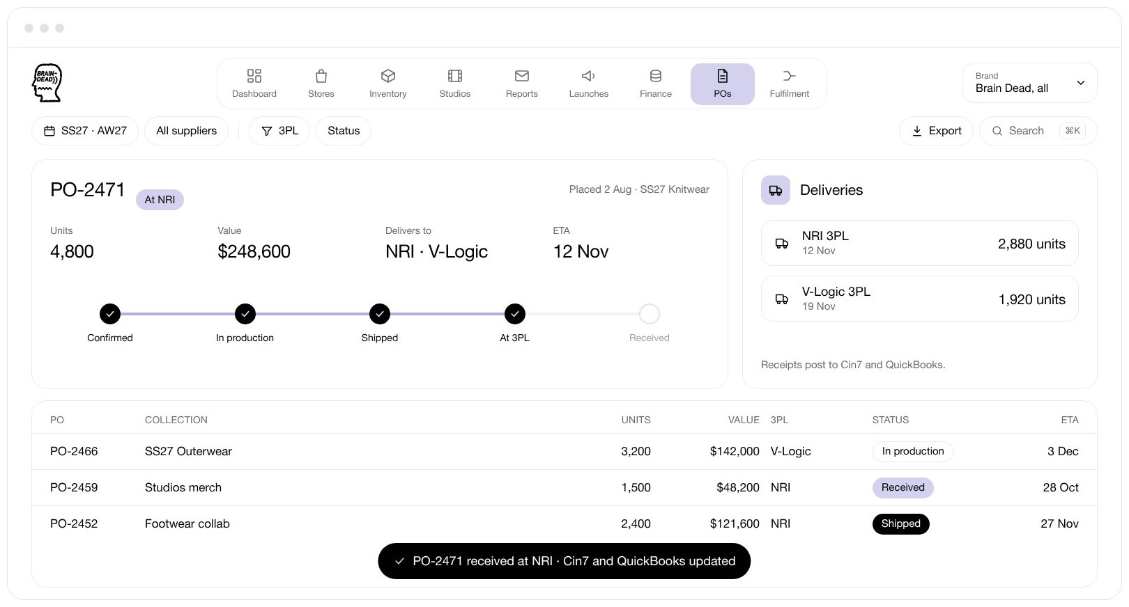 PO-2471 received at NRI: its steps from confirmed to at 3PL, its deliveries to NRI and V-Logic, and the other open POs with their status.